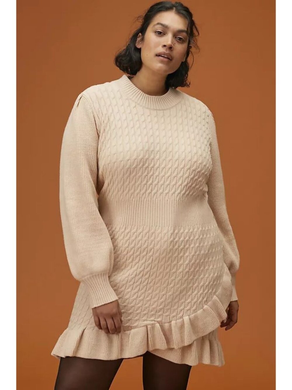 Anthropologie NWT Flat White Ruffled Sweater Mini Dress in Ivory size 1X